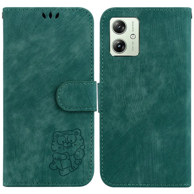 For Motorola Moto G54 5G Case Lovely Tiger Imprint PU Leather Flip Phone Cover - Green