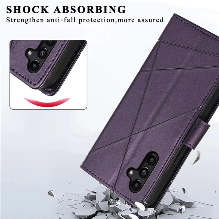 DF-06 For Samsung Galaxy A14 5G / A14 4G Case Magnetic Clasp Lines Imprinted Leather Phone Cover - Purple