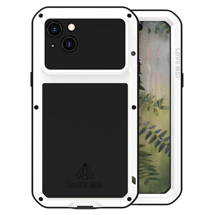 LOVE MEI For iPhone 15 Plus Case Metal+Silicone Cover with Tempered Glass Film - White