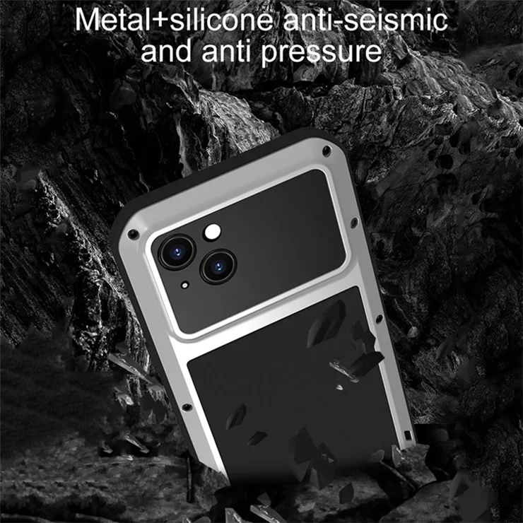 LOVE MEI For iPhone 15 Plus Case Metal+Silicone Cover with Tempered Glass Film - White