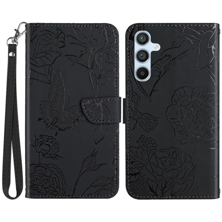 HT03 For Samsung Galaxy S24 Cover PU Leather Flower Imprint Phone Case with Wrist Strap - Black