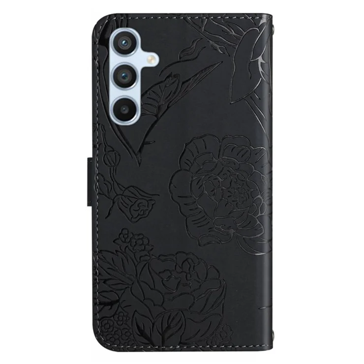 HT03 For Samsung Galaxy S24 Cover PU Leather Flower Imprint Phone Case with Wrist Strap - Black