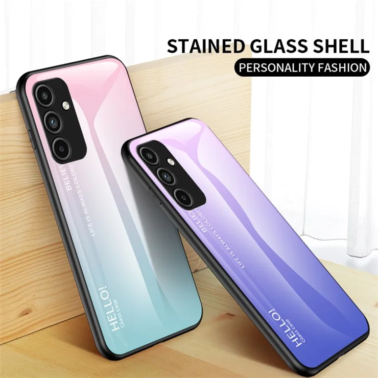 For Samsung Galaxy A15 4G Phone Case Tempered Glass+PC+TPU Cover - Gradient Pink Blue