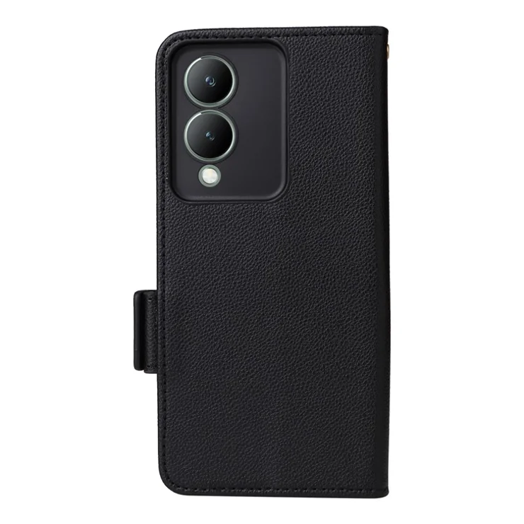 For vivo Y17s 4G / Y28 5G / Y33t (2023) V2317A Case Mobile Phone Litchi Texture Leather Cover with Strap - Black