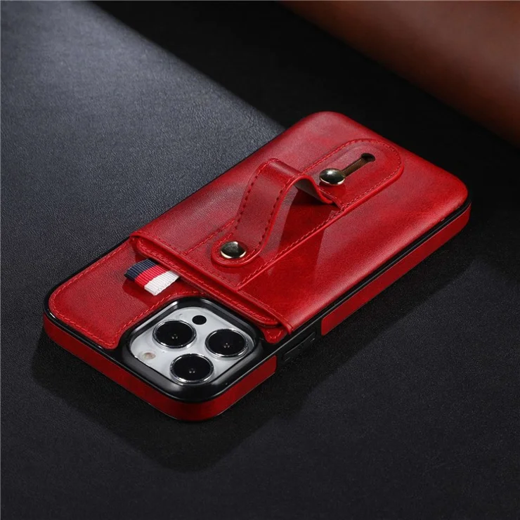 For iPhone 15 Pro Case Hand Strap Kickstand Phone Cover with Card Holder - Red