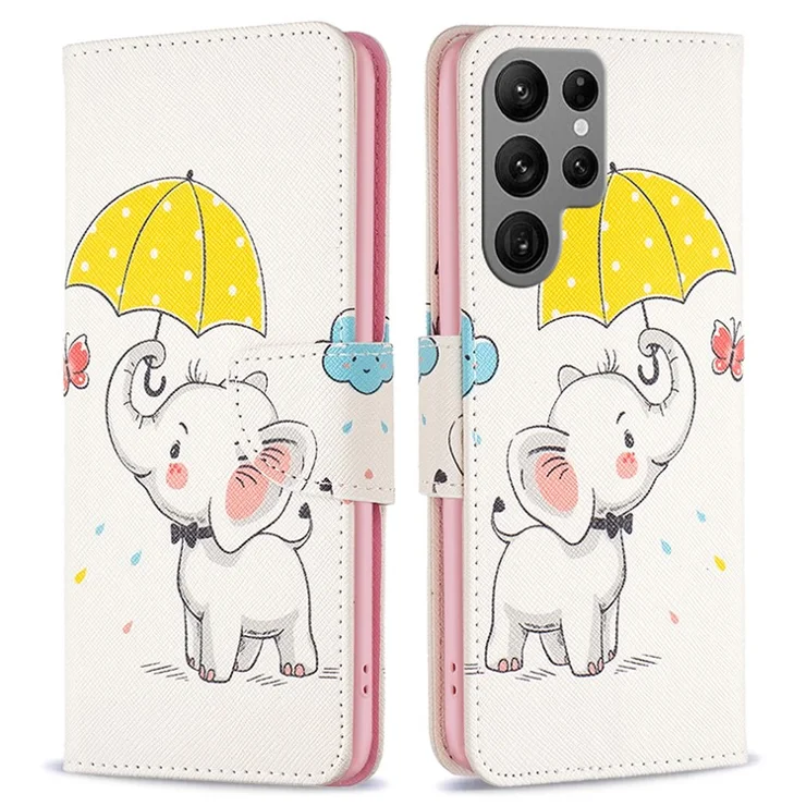 For Samsung Galaxy S24 Ultra Case Pattern Printing Stand Wallet Phone Cover - Umbrella and Elephant