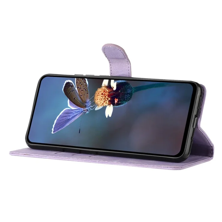 For Samsung Galaxy A05s 4G Slim-Fit Leather Cover Imprinted Flower Phone Stand Case Wallet - Purple