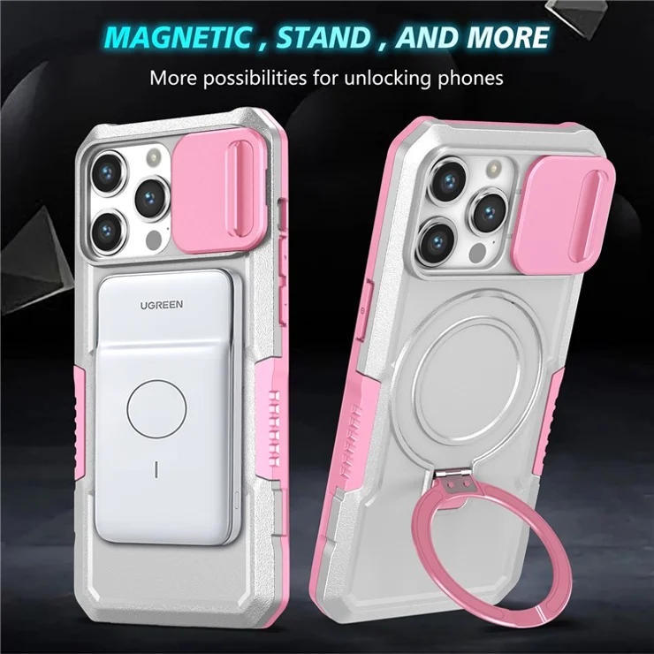 For iPhone 14 Pro Case Kickstand Magnetic Phone Cover with Sliding Lens Lid - Pink / White