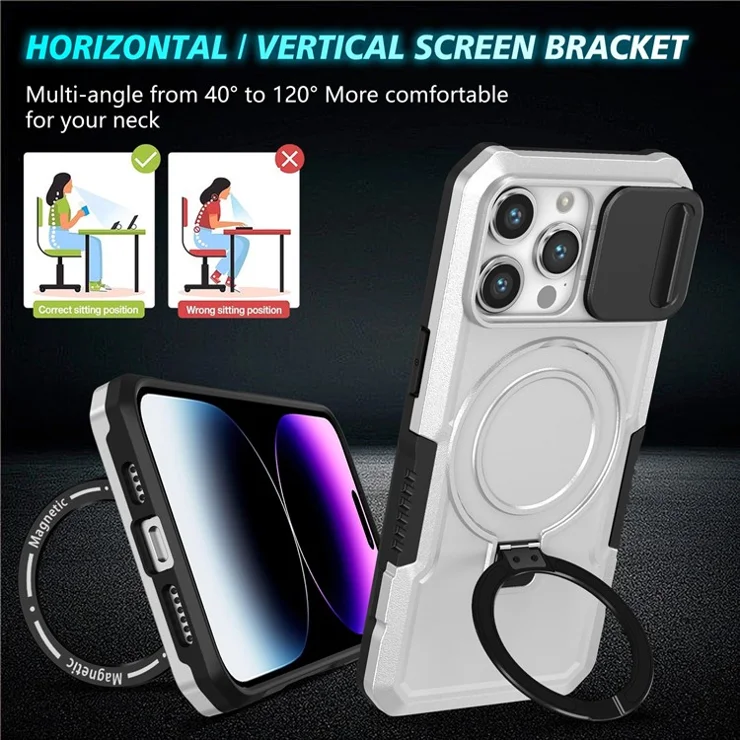 For iPhone 14 Pro Case Kickstand Magnetic Phone Cover with Sliding Lens Lid - Black / White
