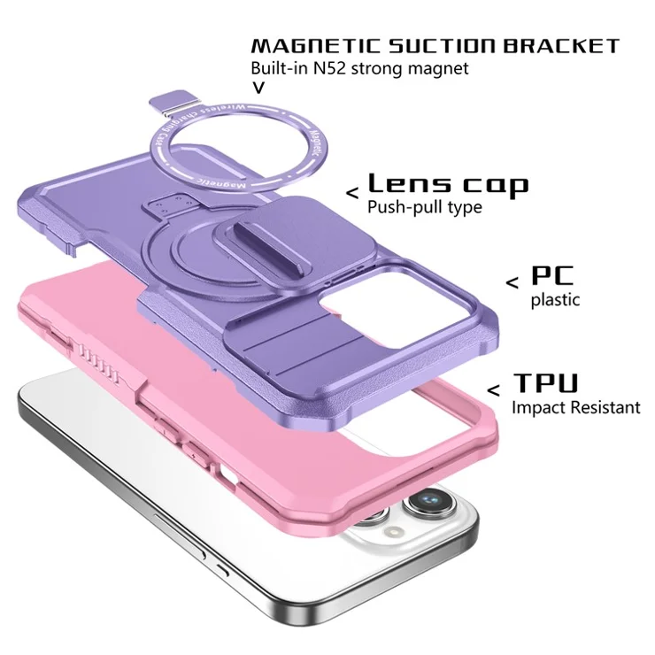 For iPhone 14 Pro Max Case Lens Protection Kickstand Magnetic Phone Cover - Pink / Purple