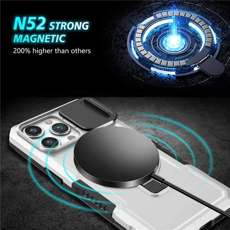For iPhone 14 Pro Max Case Lens Protection Kickstand Magnetic Phone Cover - Black / White