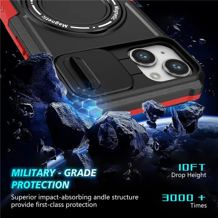 For iPhone 14 Plus Case with Sliding Camera Cover Kickstand Magnetic Phone Shell - Red / Black