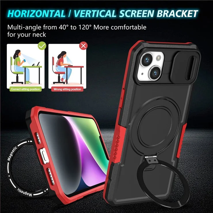 For iPhone 14 Plus Case with Sliding Camera Cover Kickstand Magnetic Phone Shell - Red / Black