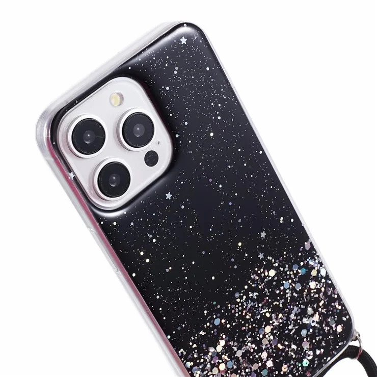 AW Series for iPhone 13 Pro Max Cell Phone Case Sparkle Epoxy TPU Cover with Lanyard - Black