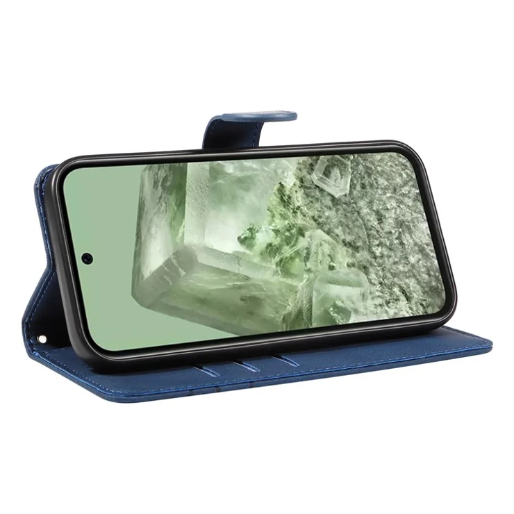 For Google Pixel 8a Phone Case Stand Leather Phone Cover with Imprinted Line Design - Blue