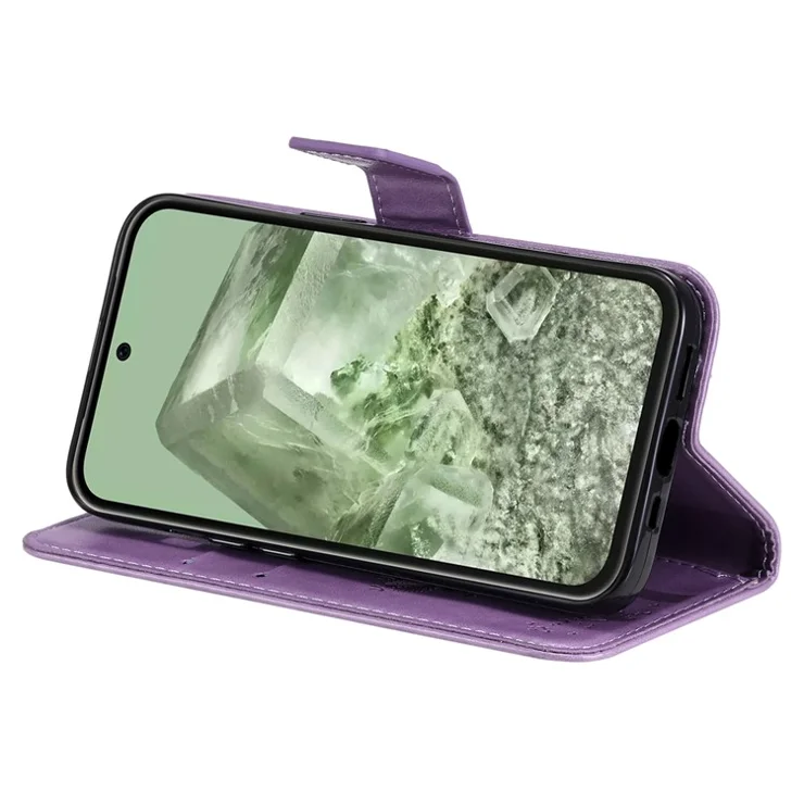 For Google Pixel 8a Phone Case with Stand Cat Tree Pattern Leather Wallet Mobile Cover - Light Purple