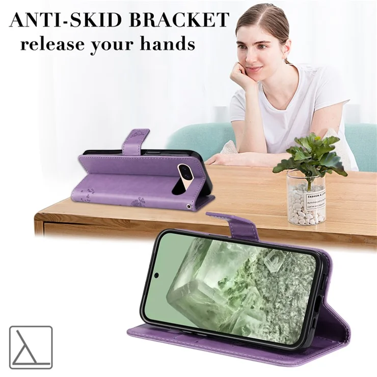 For Google Pixel 8a Phone Case with Stand Cat Tree Pattern Leather Wallet Mobile Cover - Light Purple