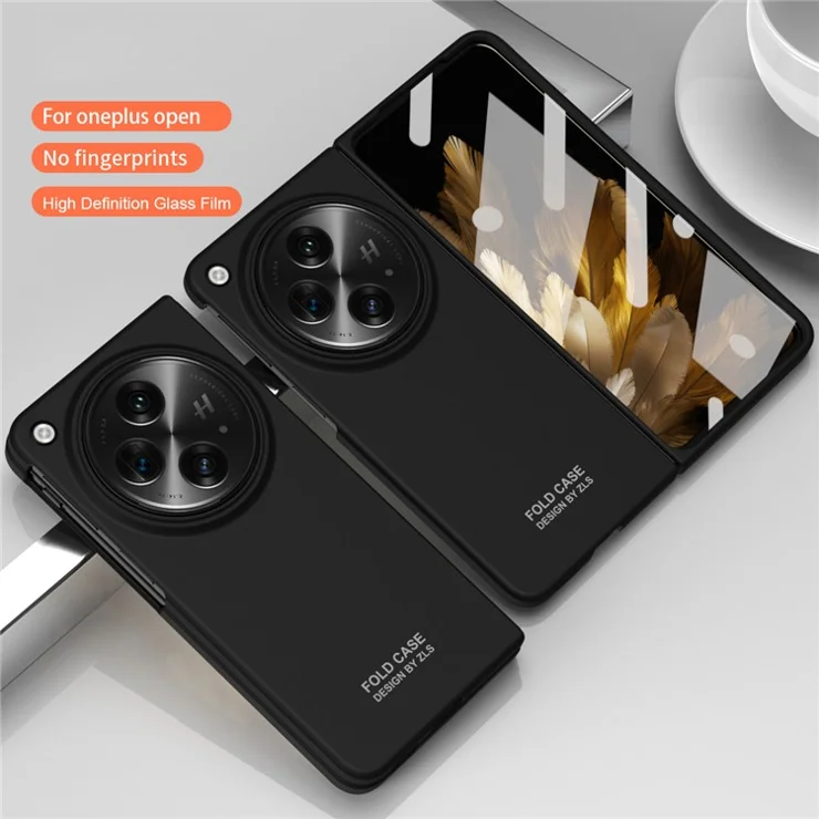 For OnePlus Open Case PC Folding Phone Cover with Tempered Glass Film - Black