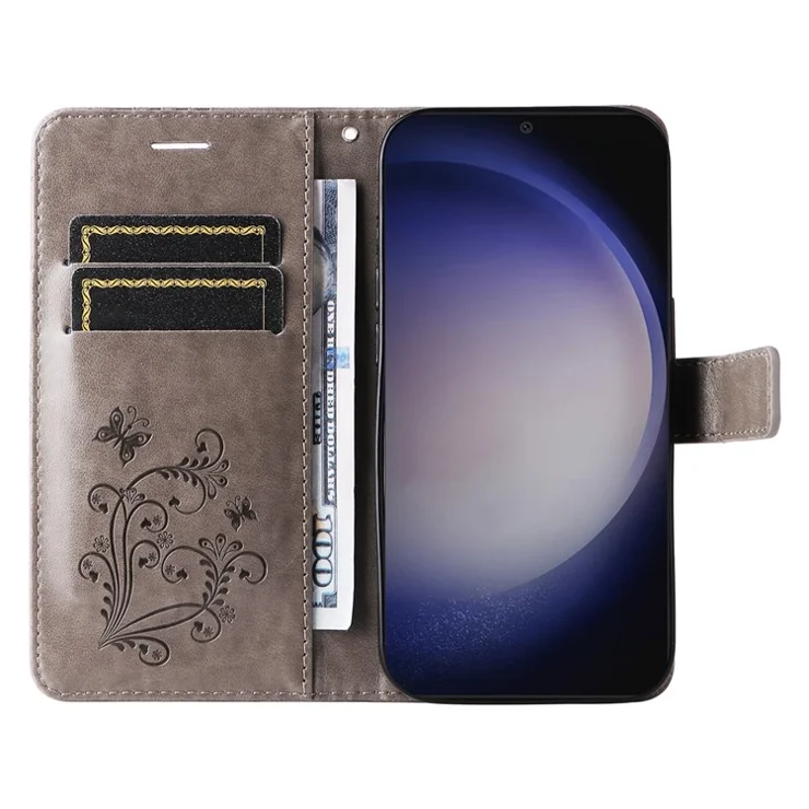 For Samsung Galaxy S25 / S24 Wallet Case Floral Butterfly Imprinted Leather Phone Cover Stand - Grey