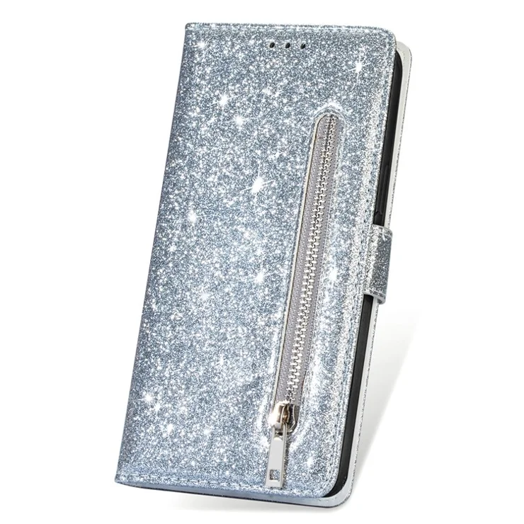 For Samsung Galaxy A15 4G Case Glittery PU Leather Cover with Zipper Pocket - Silver