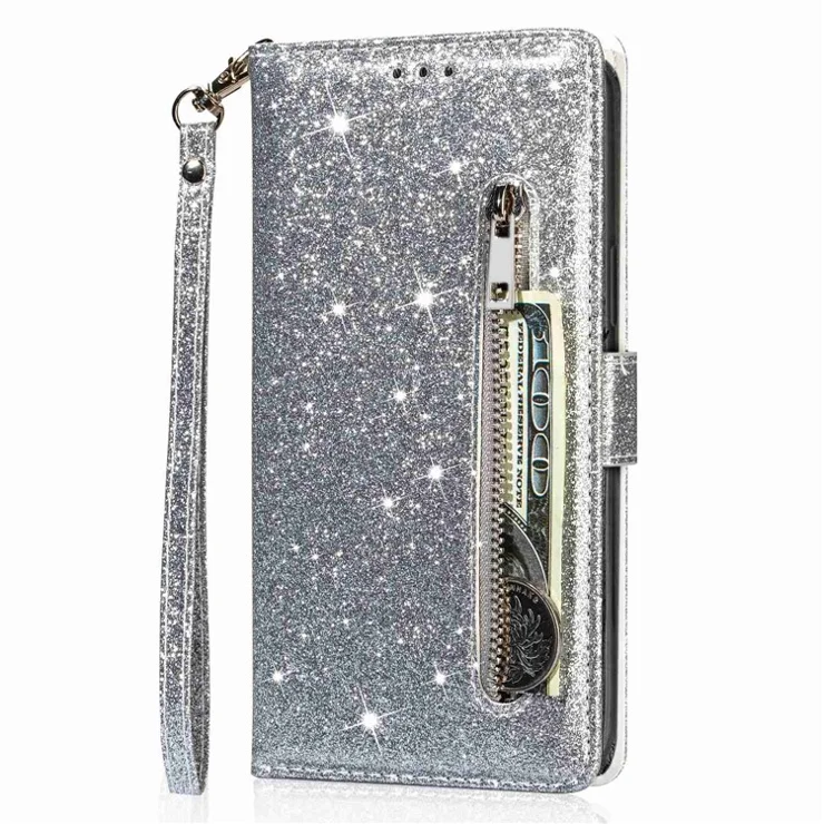 For Samsung Galaxy A05s 4G Case Zipper Pocket Leather Cover with Wallet - Silver
