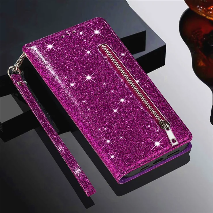 For Samsung Galaxy A24 4G (162.1 x 77.6 x 8.3mm) Case Zipper Pocket Glittery Phone Wallet Cover - Purple