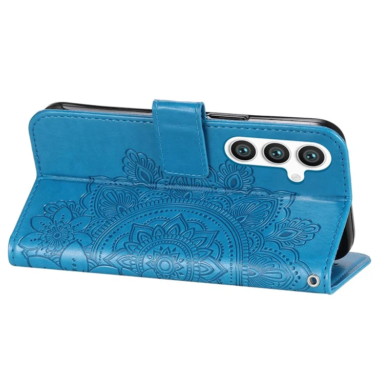 For Samsung Galaxy S24+ Case Floral Pattern PU Leather Wallet Stand Phone Cover - Blue