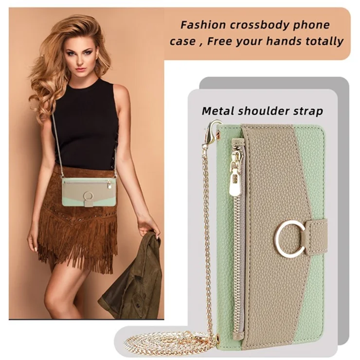 For Motorola Moto G54 5G Case PU Leather Zipper Wallet Phone Cover with Makeup Mirror - Green