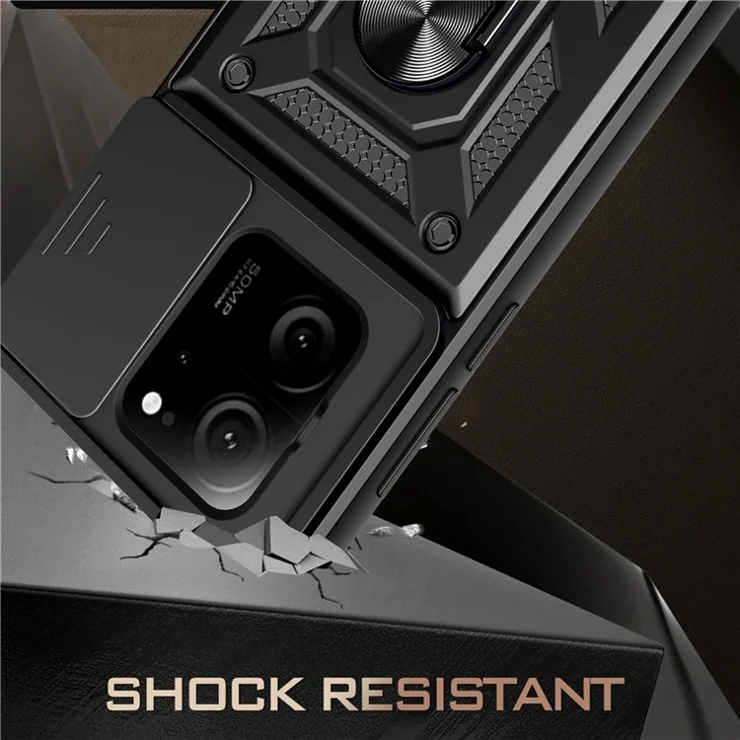 For Xiaomi Redmi K60 Ultra / 13T / 13T Pro Case PC+TPU Kickstand Phone Cover + Slide Lens Protection - Black