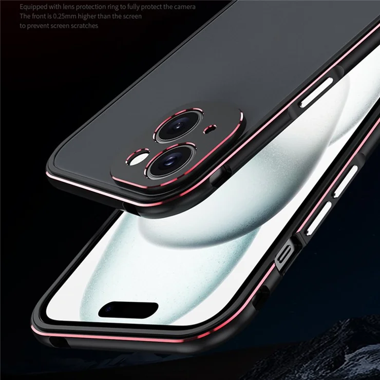 For iPhone 15 Case Metal Frame Bumper Phone Cover with Camera Lens Protection - Black+Red