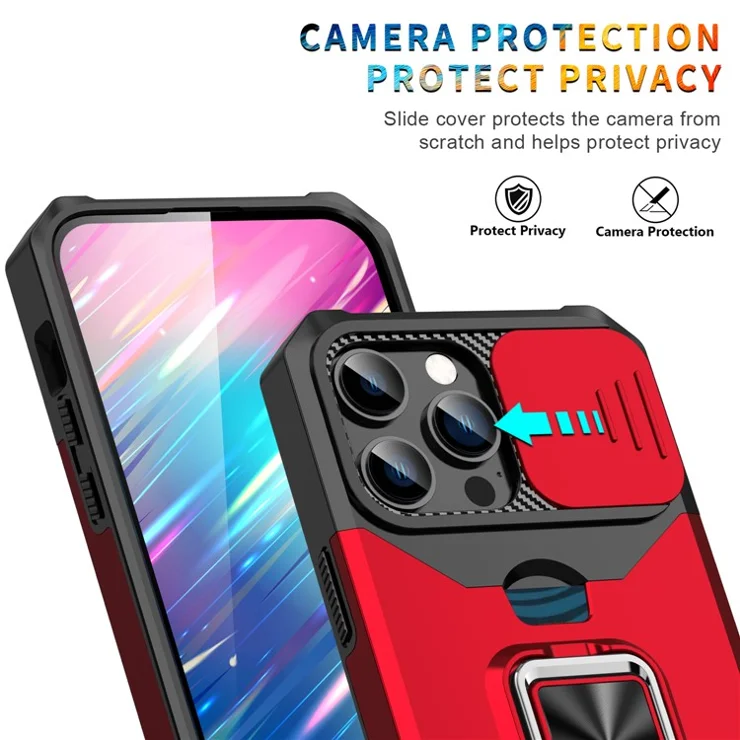 For iPhone 15 Pro Case Anti-scratch PC+TPU Kickstand Phone Back Cover with Slide Lens Protector - Rose Gold