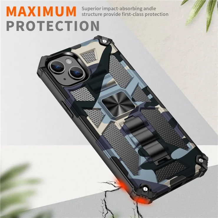 For iPhone 15 Case Shockproof Camouflage Kickstand Phone Back Shell Cover - Black