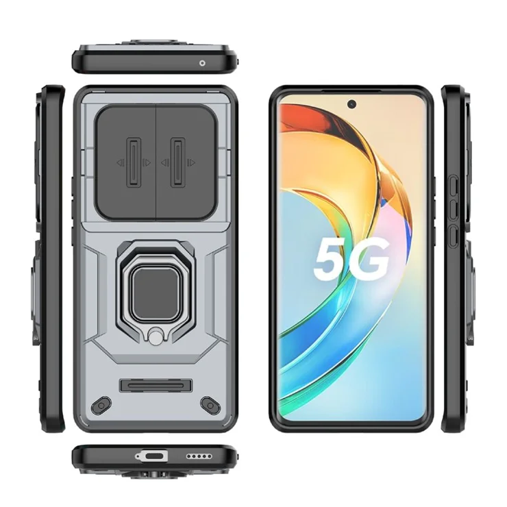 For Honor X50 5G Case Slide Lens Protection PC + TPU Kickstand Cover - Grey