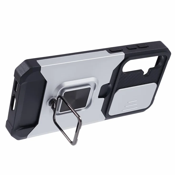 For Samsung Galaxy S23 FE Case Slide Lens Lid Kickstand Phone Cover with Card Holder - Silver