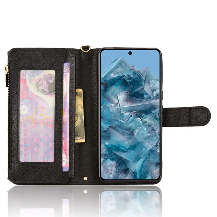For Google Pixel 8 Pro Case Zipper Pocket Leather Stand Phone Cover - Black