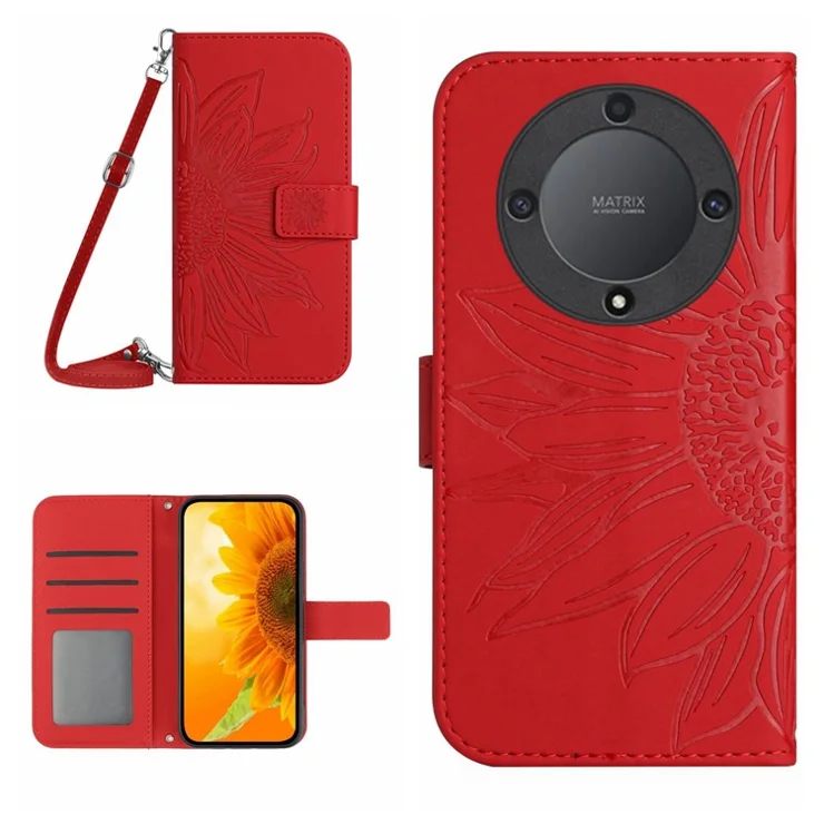 HT04 For Honor X9b 5G / Magic6 Lite 5G Case Imprinted Leather Anti-scratch Phone Cover with Shoulder Strap - Red