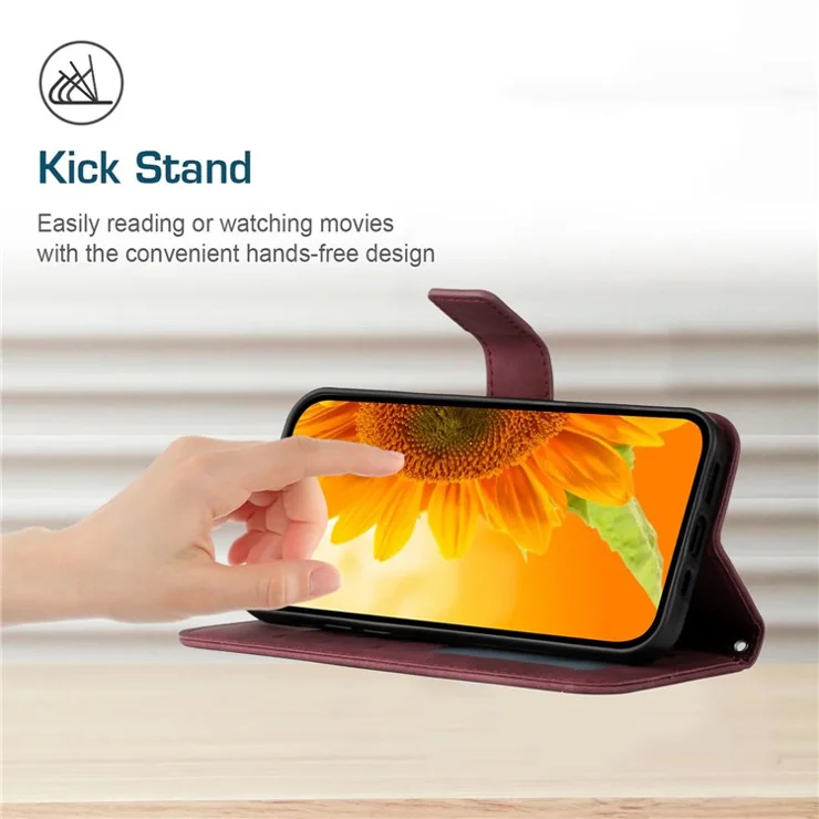 HT04 For Xiaomi Redmi 13C 4G / 5G / 13R 5G / Poco M6 5G / Poco C65 4G Case Skin-Touch Leather Folio Flip Cover with Wrist Strap - Wine Red