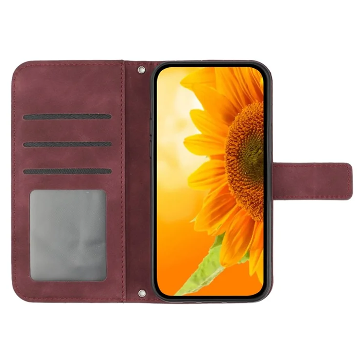 HT04 For Oppo A79 5G / A2 5G Case PU Leather Sunflower Wallet Phone Cover with Shoulder Strap - Wine Red