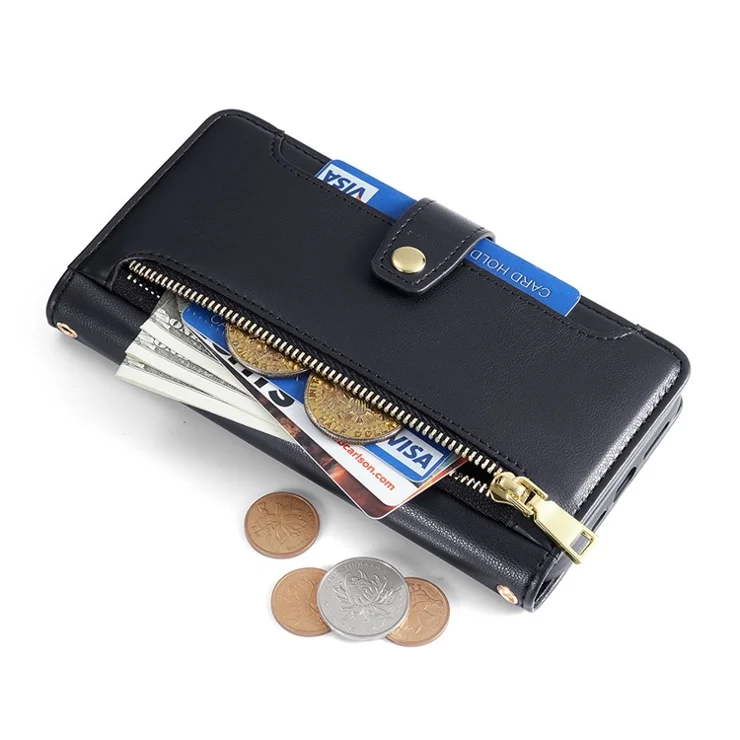 For TECNO Pova 5 Pro 4G Case Zipper Pocket Leather Phone Protection Cover with 2 Straps - Black