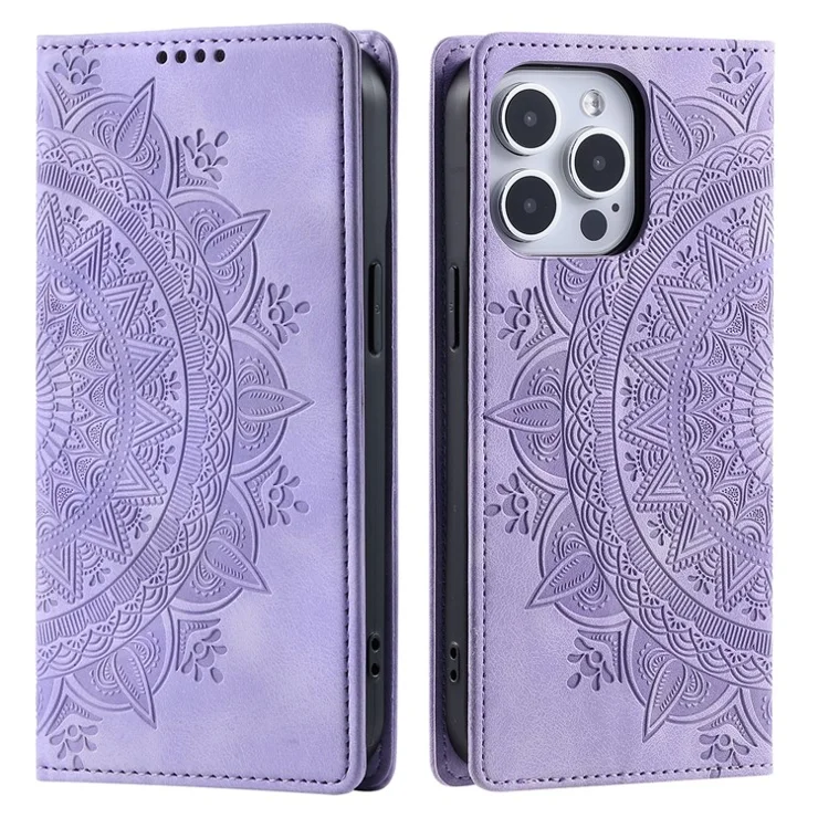 For iPhone 14 Pro Case Imprinted Mandala Flower Leather Cover with Wallet - Purple