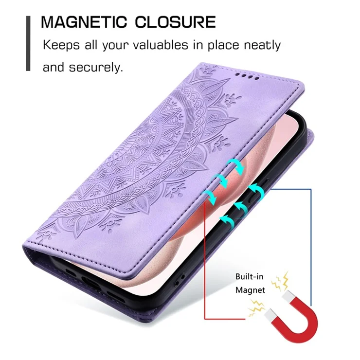 For iPhone 14 Pro Case Imprinted Mandala Flower Leather Cover with Wallet - Purple