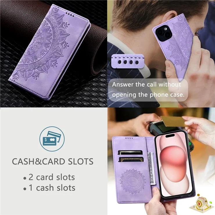 For iPhone 14 Case PU Leather Imprinted Mandala Flower Wallet Phone Cover - Purple
