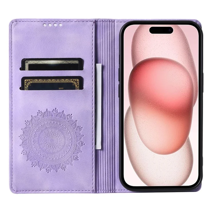 For iPhone 15 Pro Max Case Stand Phone Cover PU Leather Magnetic Imprinted Shell - Purple