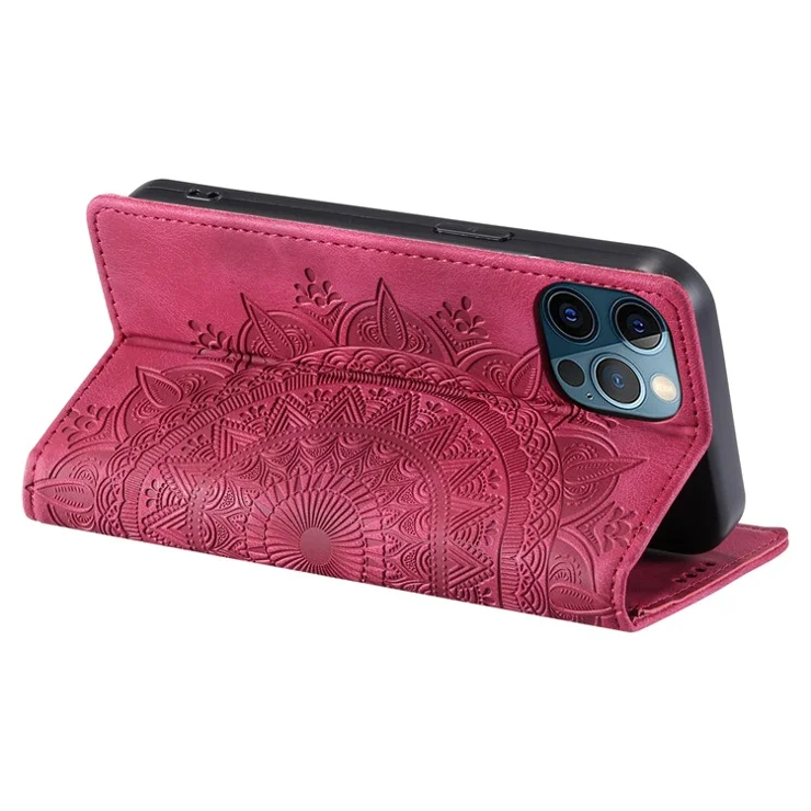 PU Leather Phone Shell for iPhone 12 Pro Case Magnetic Imprinted Stand Phone Cover - Rose