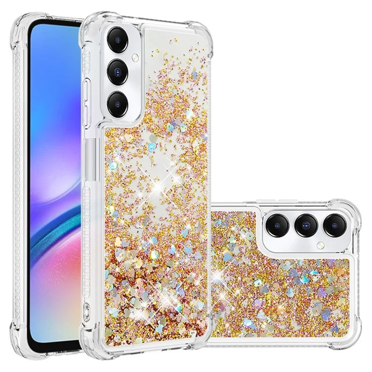 For Samsung Galaxy A05s 4G TPU Case Glitter Quicksand Shockproof Phone Back Cover - Gold / Hearts