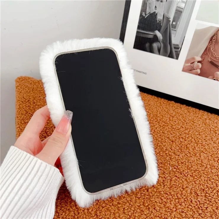 For iPhone 15 Pro Max Case Lovely Sausage-shaped Lip Plush+TPU Warm Phone Cover - White