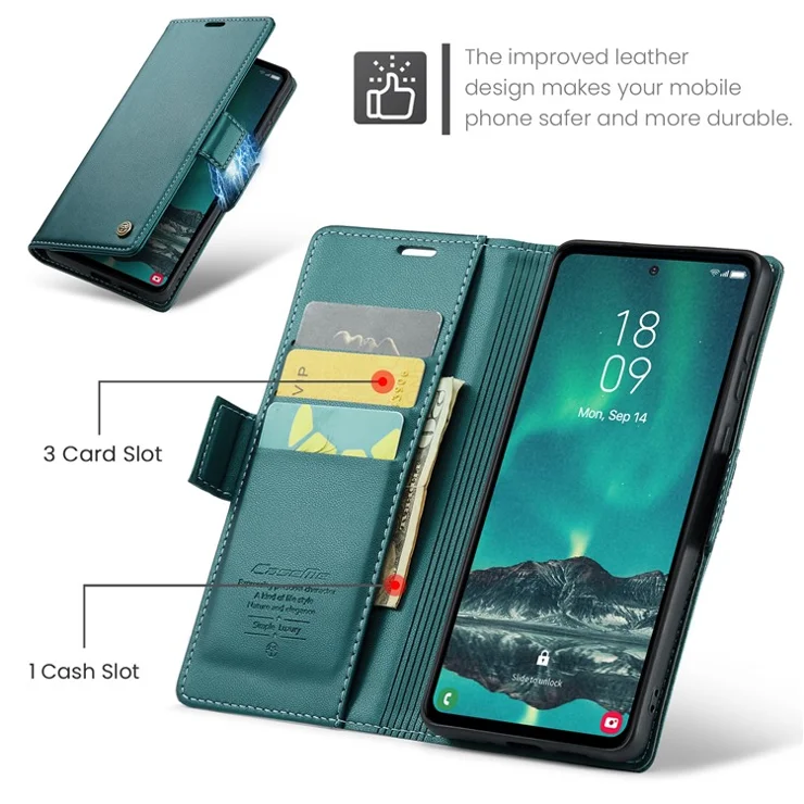 For Samsung Galaxy S23 FE Leather Case CASEME 023 RFID Blocking 3 Card Slot Mobile Cover - Green