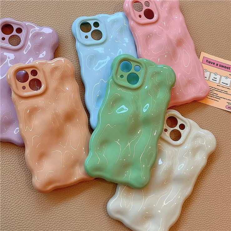 For iPhone 13 Case Solid Color Macaron TPU Rugged Phone Cover with Wavy Edge - Milky Tea Color