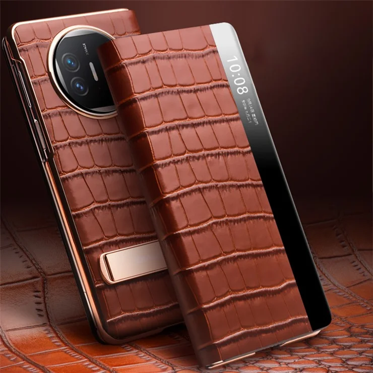 QIALINO For Huawei Mate X5 Case Anti-fall Genuine Cowhide Leather View Window Phone Protector with Kickstand - Brown