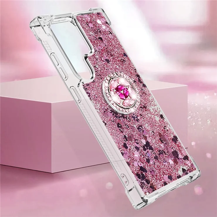 For Samsung Galaxy S24 Ultra TPU Case with Kickstand Quicksand Shockproof Cover - Rose Gold / Hearts